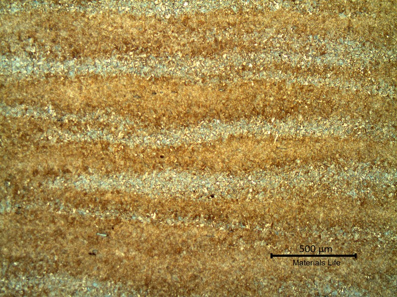 Low magnification micrography of a longitudinal section of the valve body, in the center of the thickness. As expected for this high strength steel, the microstructure is martensitic, but with segregation bands.