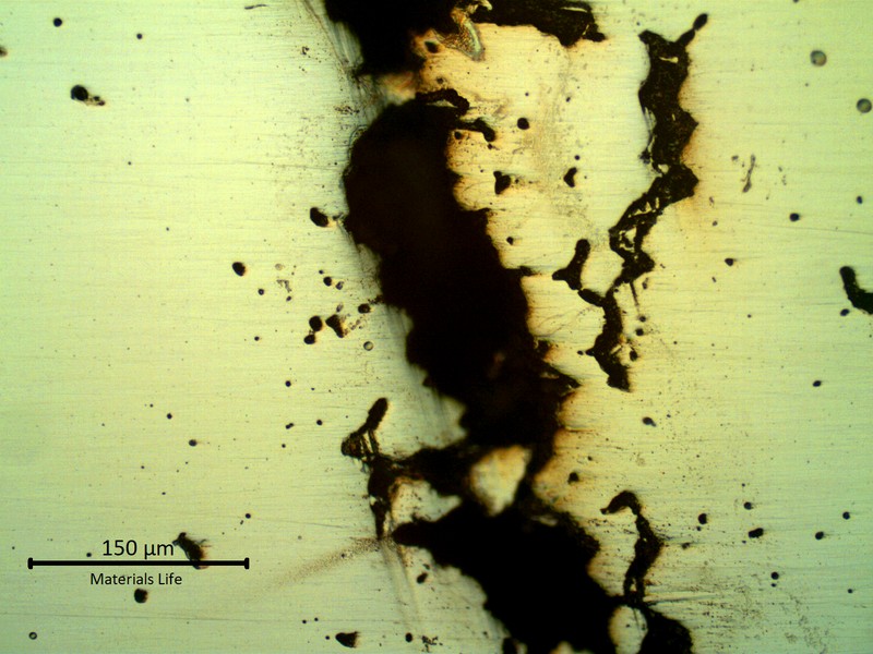 Micrography, as polished, of the hot cracks with rounded morphology.
