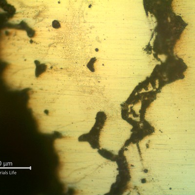 Micrographic detail, as polished, of the hot cracks with rounded interdenritic morphology.
