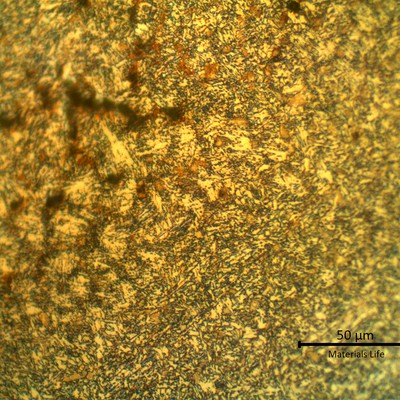 Micrographic detail of the weld metal presenting hot cracks, at interdendritic positions, interconected.