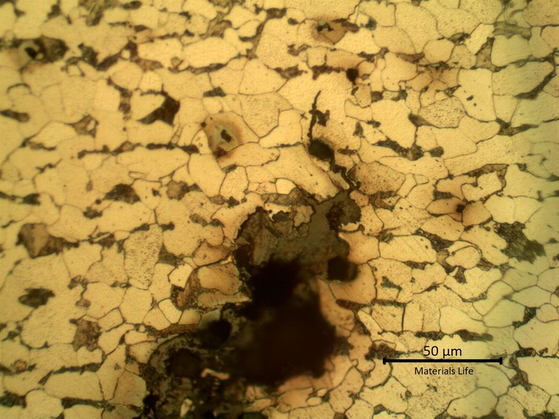 Micrographic detail of the transgranular cracking, filled with oxides.