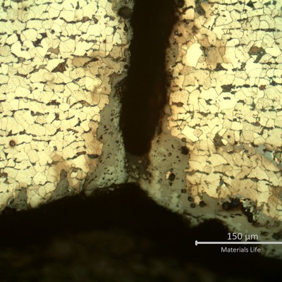 Micrography presenting the internal tube surface, with parallel cracks growthing from pits.
