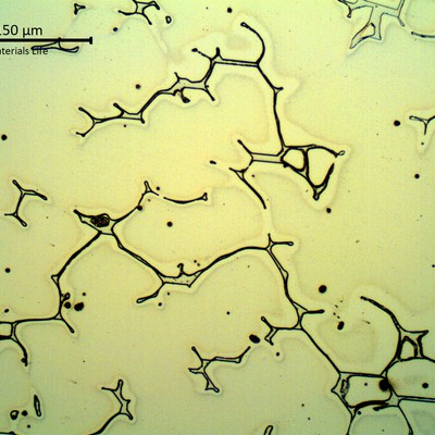 Micrography of a longitudinal section, in the valve wall 1" thick.  The structure is austenitic with delta ferrite in interdendritic spaces.  The austenite is clean indicating that the homogeneization of a smaller thickness in the heat treatment is considered effective.