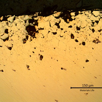 Micrographic detail of the external side of the bent tube, as polished, showing detachement of several grains due to the intergranular corrosion layer. The corroded layer is about 200 microns thick at this position.