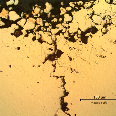 Micrographic detail of the external side of the tube, showing the layer of intergranular corrosion and the through ewall integranular stress corrosion cracking.