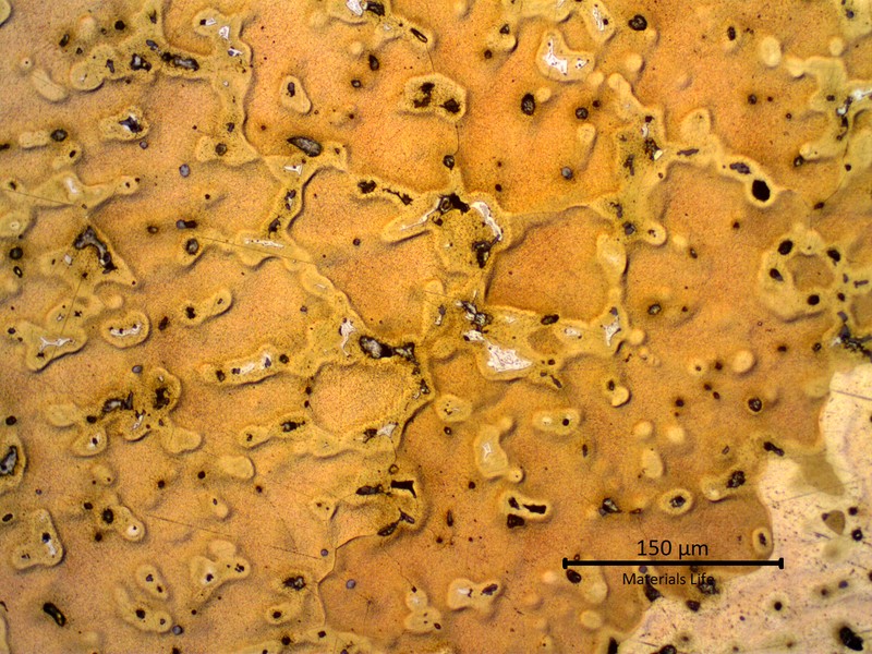 Micrography of a transverse section of the ring showing a cored alpha structure with strong segregation at interdendritic regions, and regions of a white structure at grain boundaries. This structure is in a region close to the center of the ring.