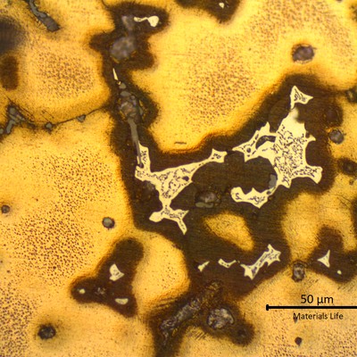 Micrographic detail of the cored alpha structure with strong segregation at intergranular regions (dark layer at grain boundaries), and a white euctetoid structure (alpha and delta) at interdendritic space. This structure is in a region close to the center of the ring, where the solidification was slower.
