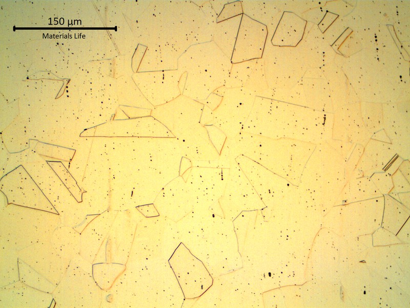 Micrography of a longitudinal section of the tubing, showing the austenitic structure free from strain hardening and free from grain boundary carbides.