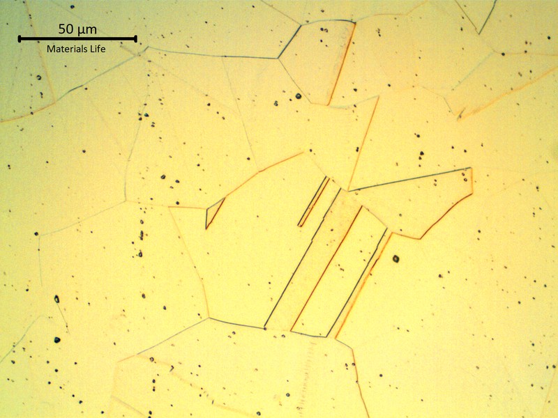 Micrographic detail of the austenitic structure, free from strain hardening and free from grain boundary carbides.
