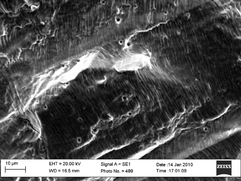 The thin striation is evident in the fracture surface, suggesting a high cycle fatigue, typically identified in vibration conditions.
