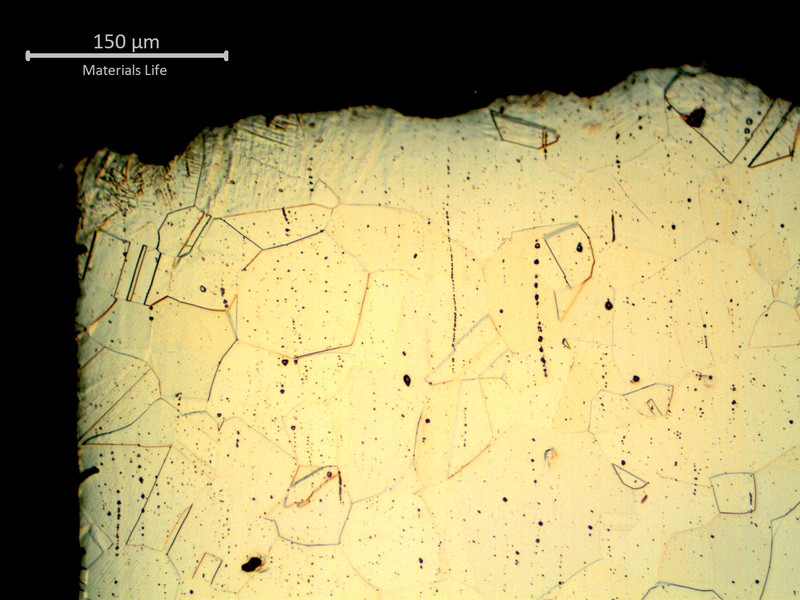 Micrography of a longitudinal section of the flared tubing where the fracture occurred. The starting point of the fracture is associated to the external side of the tubing, where it was connected by a nut and there was a localized plastic deformation due to the fitting assembly.