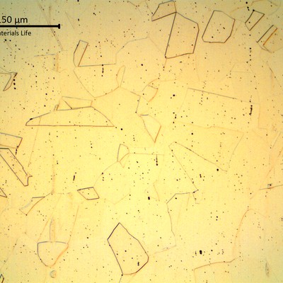 Micrography of a longitudinal section of the tubing, showing the austenitic structure free from strain hardening and free from grain boundary carbides.
