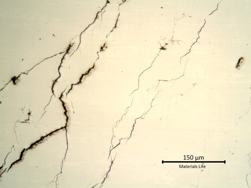 Micrography of the stub end longitudinal section, presenting multiple cracks, branched.