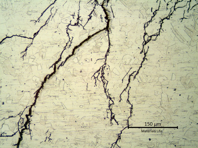 Micrography of the stub end longitudinal section, showing multiple branched transgranular cracks, typical of a Chloride Stress Corrosion Cracking mechanism.