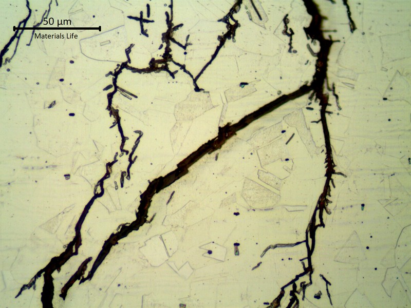 Micrographic details of the Chloride Stress Corrosion Cracks, transgranular and branched.