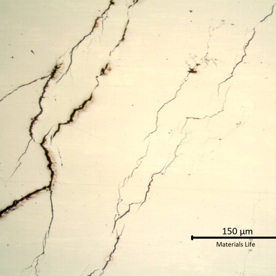 Micrography of the stub end longitudinal section, presenting multiple cracks, branched.