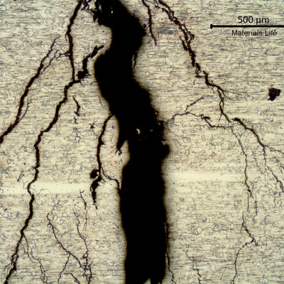 Micrography of the stub end in the middle of the thickness, outer diameter to the top of the image, presenting multiple branched cracks.