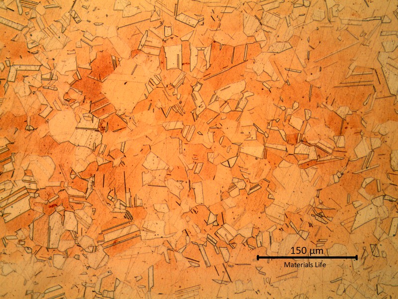 Uniform granular microstructure of the aluminum brass, monophasic alpha.