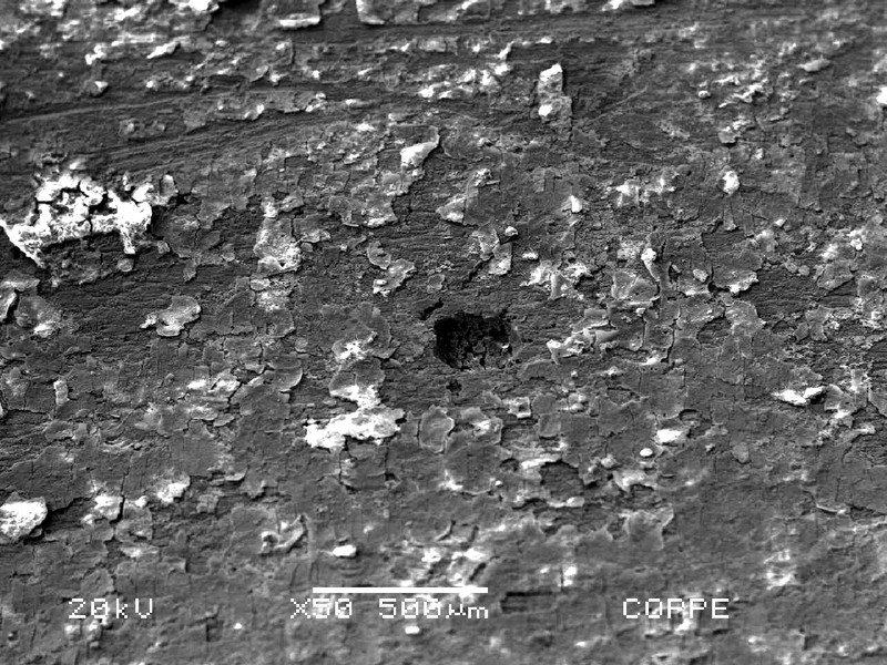 Scanning electron microscopy of the internal surface of the tube, showing that under the deposits there are regions of localized corrosion.