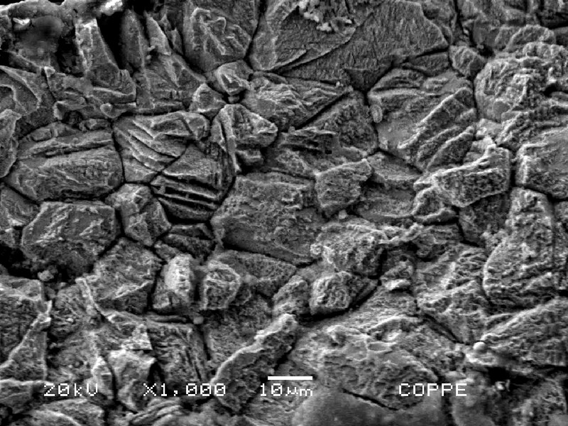 Scanning electron microscopy aspect of the region inside of a pit.  The aspect is of a chemical attack, generated by the metabolic by-products of the adhered microorganism.  The effect is of a localized dissolution and the granular tube microsctruture is revealed.