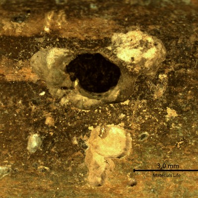 Detailed aspect, by a low magnification microscope, of the internal side of the tube, after longitudinal cut. The tube, that is 1.6mm thick, presented several points of localized corrosion leading to leaks.