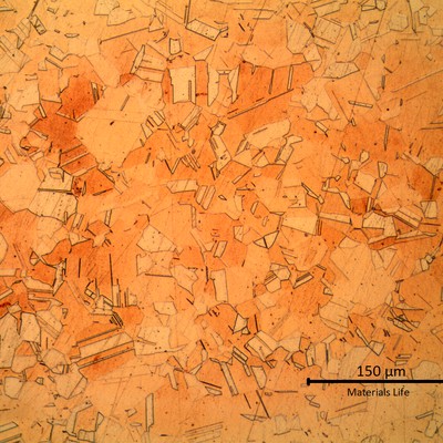Uniform granular microstructure of the aluminum brass, monophasic alpha.