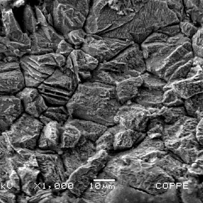 Scanning electron microscopy aspect of the region inside of a pit.  The aspect is of a chemical attack, generated by the metabolic by-products of the adhered microorganism.  The effect is of a localized dissolution and the granular tube microsctruture is revealed.