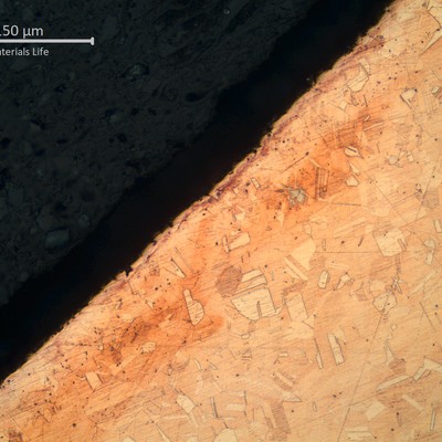 Micrography of a transverse section of the tube at the localized reduced thickness point.  Close to the internal surface.