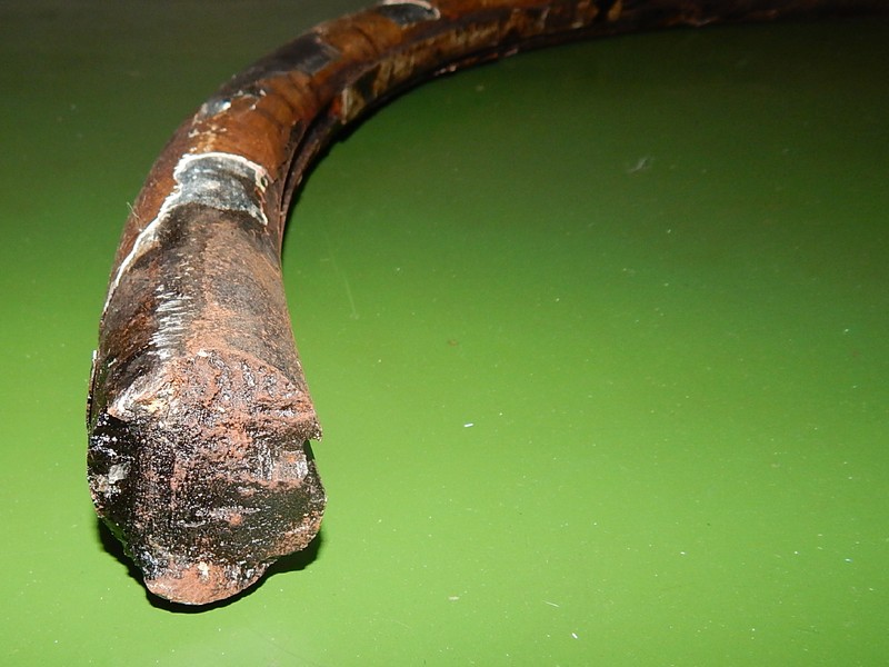Aspect before cleaning of the heavy U bolt pipe clamp, 38 mm diameter wire, at the fractured position.  It is possible to see that it broke in a region where the clamp was no longer coated and there is no insert in the groove (at the internal clamp diameter).  The fracture is transverse to the clamp axis.