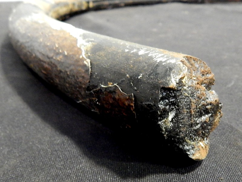 Aspect of the clamp fracture, before cleaning, looking from the outer diameter (OD).  The fracture is in a position where there is no coating anymore.