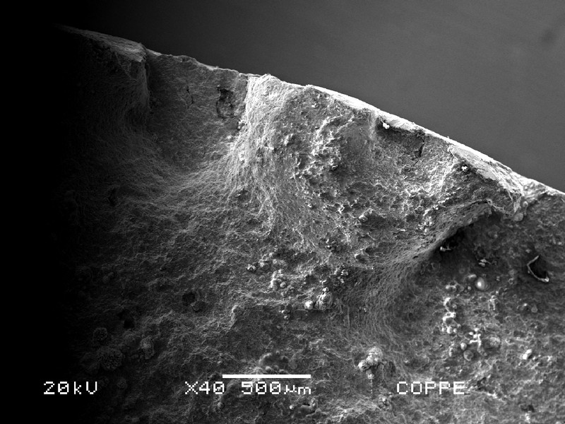 Fracture surface aspect at the scanning electron microscopy (SEM) of the clamp OD, showing different planes of propagation of the fracture.