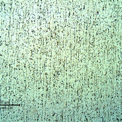 Metallographic image of a longitudinal section of the clamp (axis in the vertical direction), showing a refined ferritic perlitic structure.