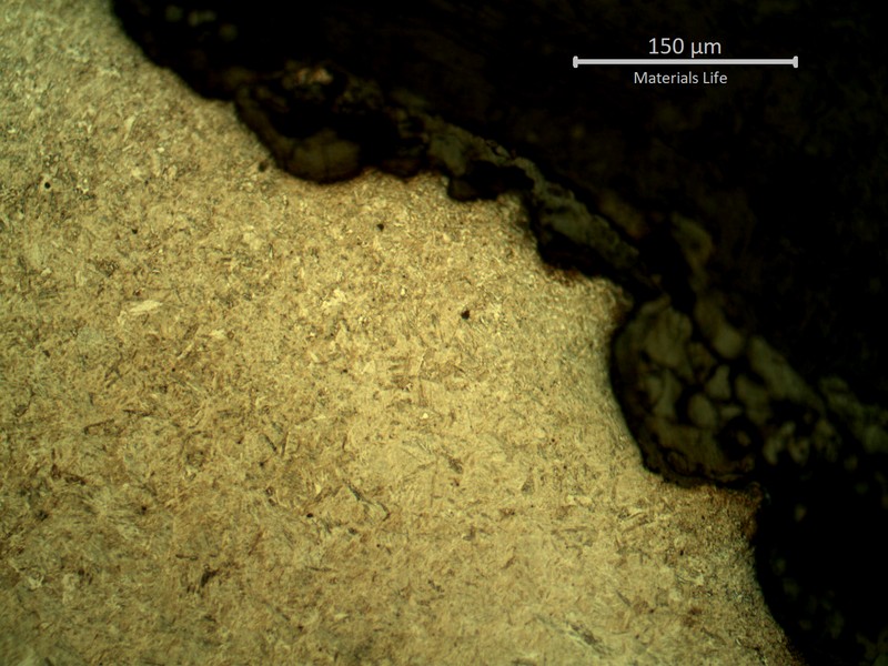 Micrographic detail of the transverse section of the spring, at the surface, showing the pits full of corrosion deposits.