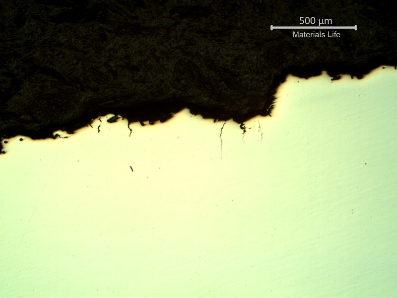 Micrography of a longitudinal section of the spring, at the surface, indicating that there are multiple intergranular cracks initiating from the pit.