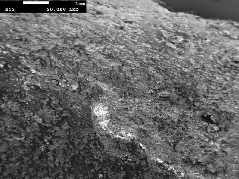 Aspect of the spring surface, with a layer of corroded products, and pits.