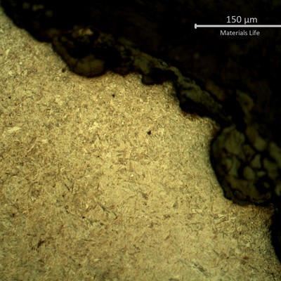 Micrographic detail of the transverse section of the spring, at the surface, showing the pits full of corrosion deposits.