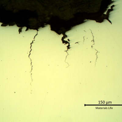 Micrographic aspect of the multiple intergranular cracks, initiating from the bottom of a pit.