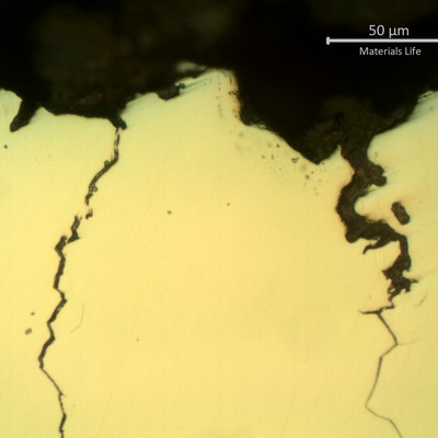 Micrographic detail of the intergranular cracks, initiating from the bottom of a pit.
