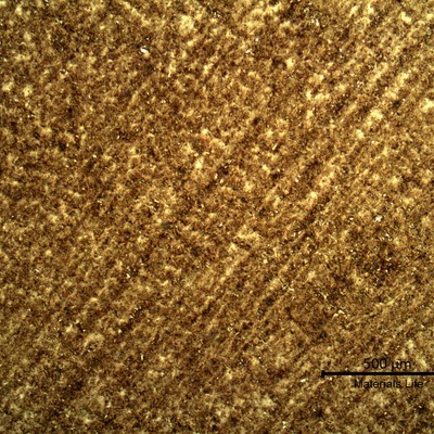 Micrography of the transverse section of the spring wire, in the center, presenting a refined structure and segregation bands that are detected only in low magnification.