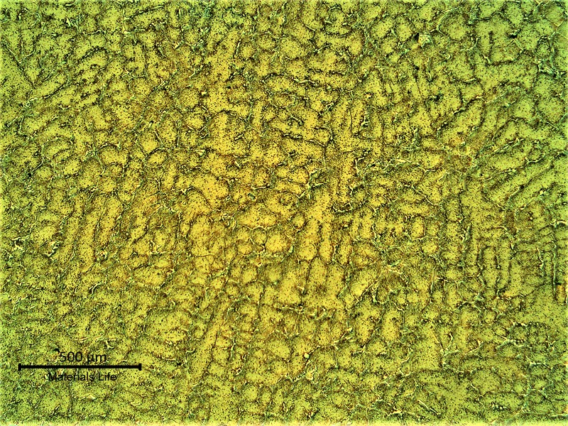 Cast fitting microstructure.  Network of primary carbides and austenitic matrix with coalescing secondary precipitation.