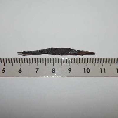 The small sample removed for analysis.  This wedge sample presents three faces: one polished face (that corresponds to the surface), one fractured face and one cut face.