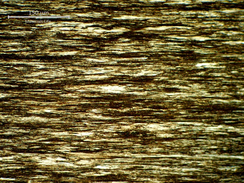 Low magnification micrography of a strain hardened pearlitic structure, in a longitudinal section, of one 3.2mm round wire of one strand.