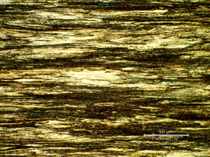 Highly strain hardened pearlitic structure of one external wire, 3.2mm diameter, of one strand.