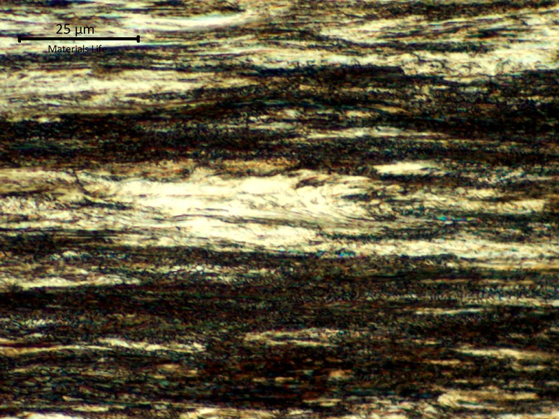Micrographic detail of the strain hardened pearlitic structure, in a longitudinal section, of a 3.2mm external round wire of one strand.  This structure presented a hardness level about 500 HV (1kg), measured in the center of the thickness in the metallographic section.