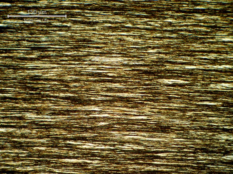 Low magnification micrography of a strain hardened pearlitic structure, in a longitudinal section, of the 1.6mm round wire in the core.