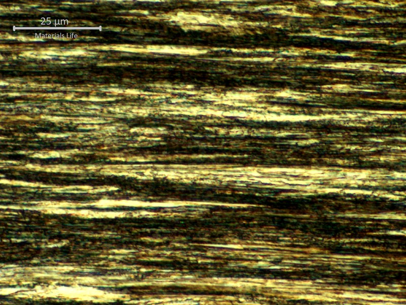 Micrographic detail of the strain hardened pearlitic structure, in a longitudinal section, of the 1.6mm round wire of the core.This structure presented a hardness level about 530 HV (1kg), measured in the center of the thickness in the metallographic section.