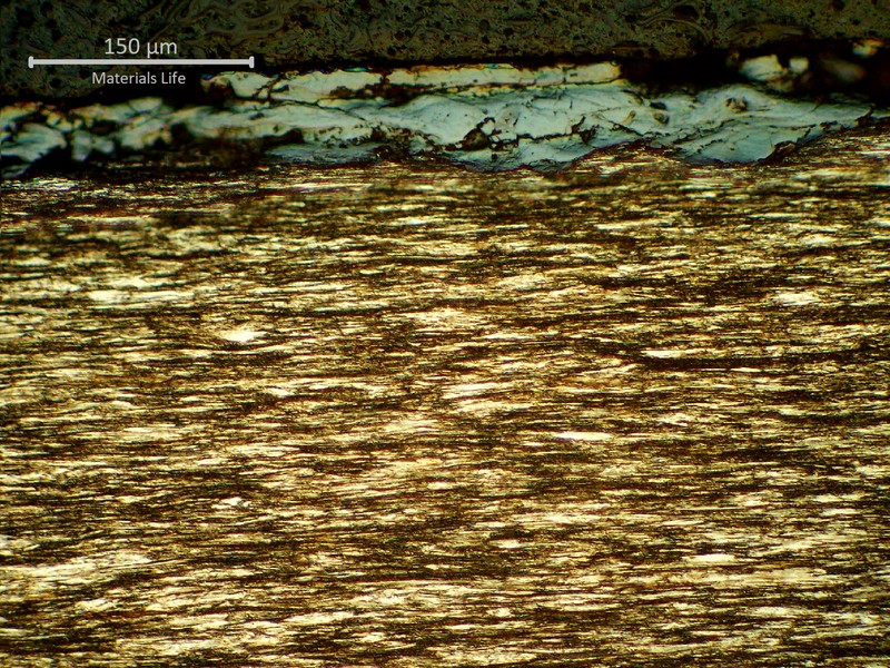 Metallographic aspect of the wire surface in one strand external wire, showing the presence of oxides.