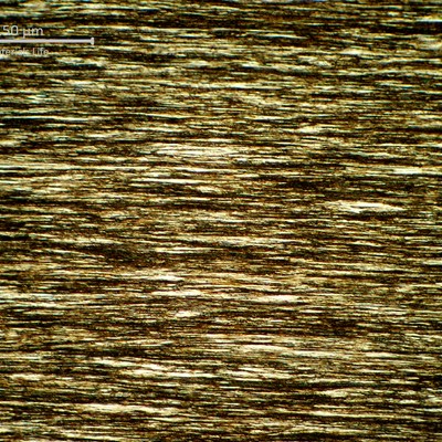 Low magnification micrography of a strain hardened pearlitic structure, in a longitudinal section, of the 1.6mm round wire in the core.