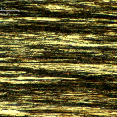 Micrographic detail of the strain hardened pearlitic structure, in a longitudinal section, of the 1.6mm round wire of the core.This structure presented a hardness level about 530 HV (1kg), measured in the center of the thickness in the metallographic section.