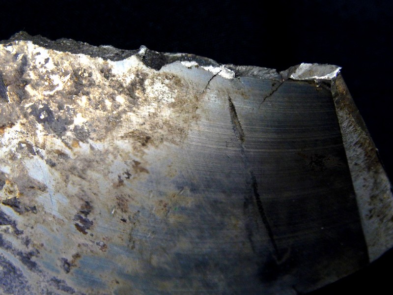 Aspect of the broken part of the blade that felt and was removed without disassembling the instrument. The fracture is to the top and at the blade surface it is possible to see secondary cracks propagating from the main crack.